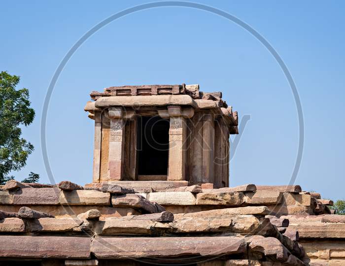 Ancient 8th century carved stone temple of Aihole, Karnataka, India. The exquisite sculpted monument has been excavated.