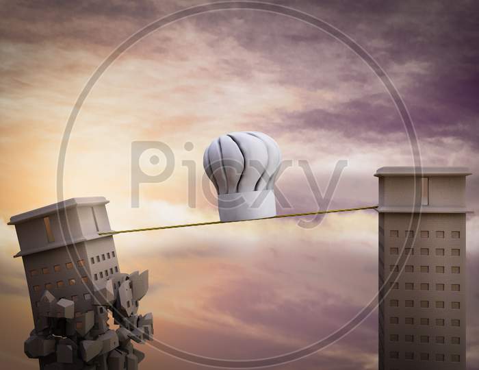 Chef Hat On A Rope With One Skyscraper Ready To Collapse. Cooking Idea Crash Concept. 3D Illustration