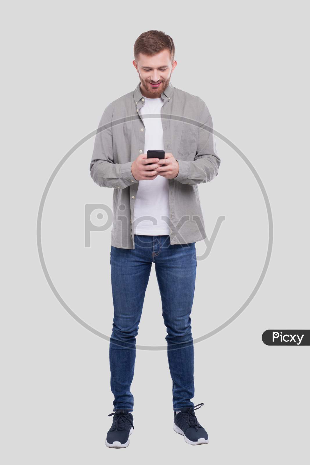Man Standing Using Phone Isolated. Man Full Lenght