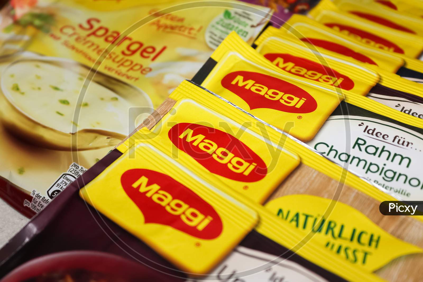 German Maggi Instant Sauce Packages, Owned By Nestle. Maggi Is An International Brand Of Soups, Stocks, Bouillon Cubes, Ketchup, Sauces, Seasonings And Instant Noodles.