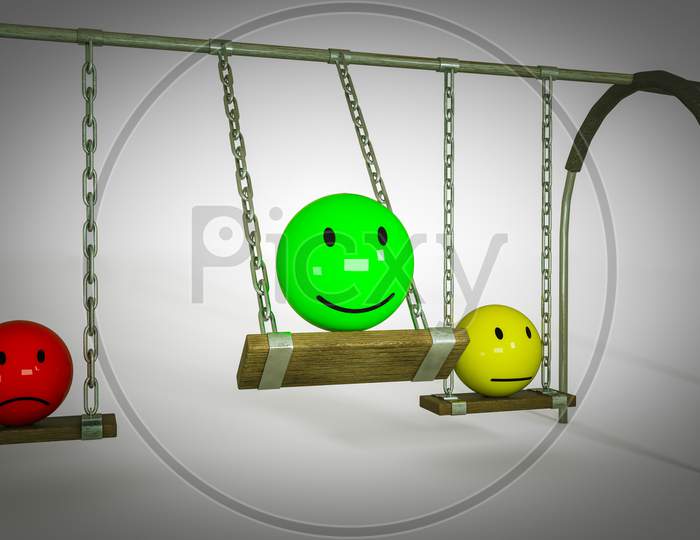 Customer Experience In Form Of Emotions On Swing In White-Gray Background. Customer Satisfaction Rating Or Service Experience Or Positive Feedback Survey Or Positive Review Concept. 3D Illustration