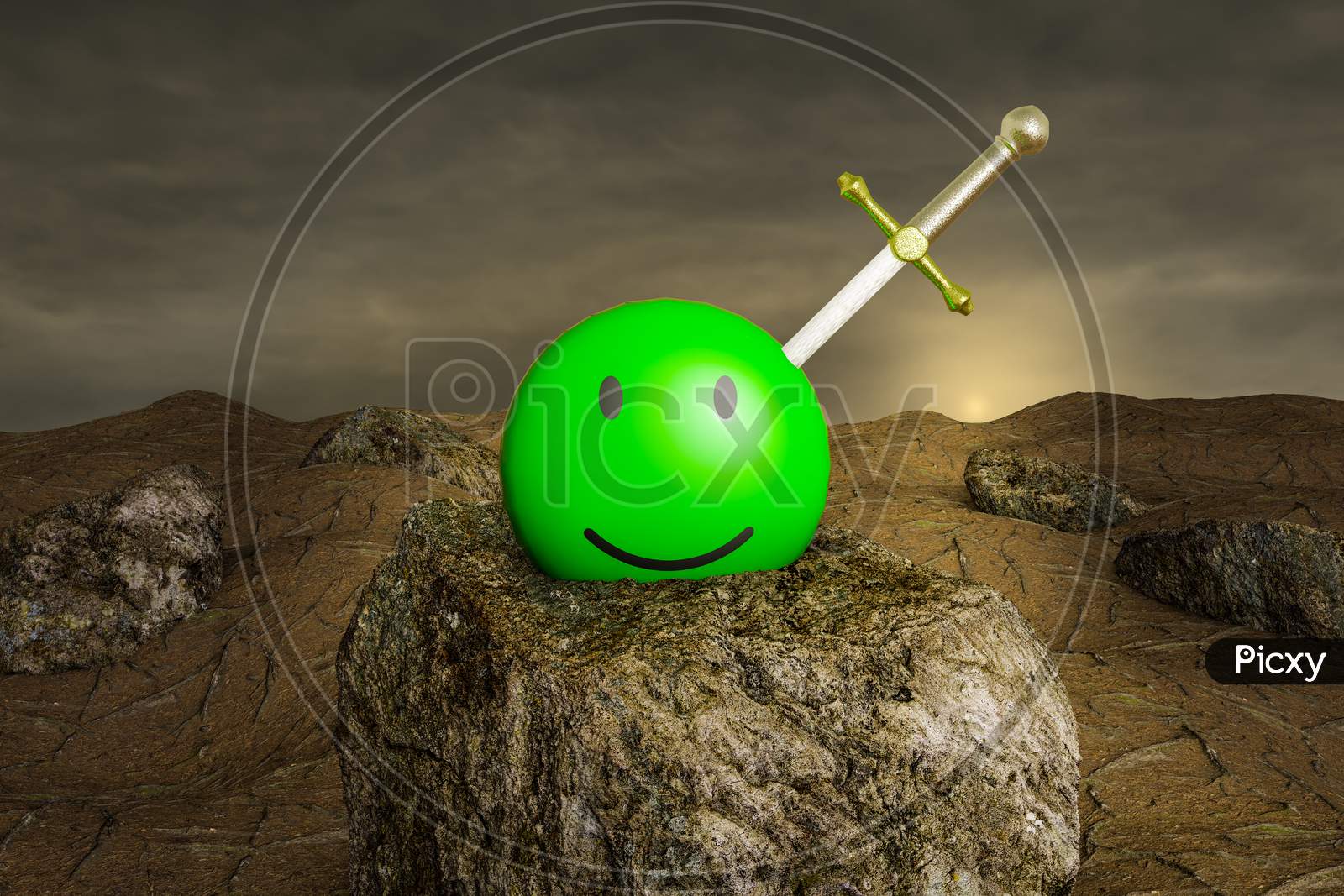 Excalibur In Green Smiling Emoticon Happy On Stone At Sunset Day. Customer Satisfaction Rating Or Service Experience Or Positive Feedback Survey Concept. 3D Illustration