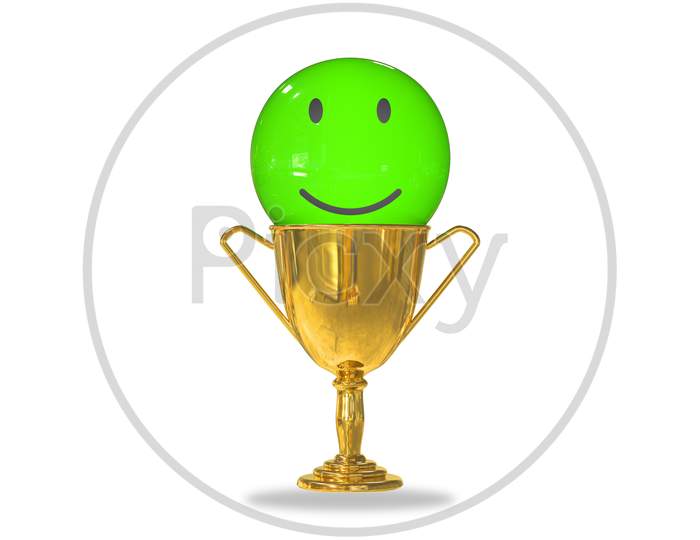 Golden Trophy Cup Isolated On White Background With A Green Smiling Emoticon Happy Inside. Customer Satisfaction Rating Or Service Experience Or Positive Feedback Survey Concept. 3D Illustration