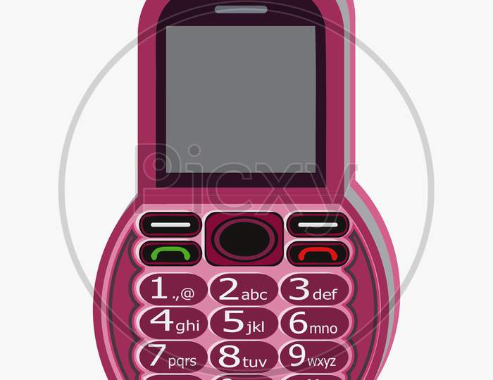 Rounded, Pink Color Cell Phone Design, Having A Numeric Keypad And Display.