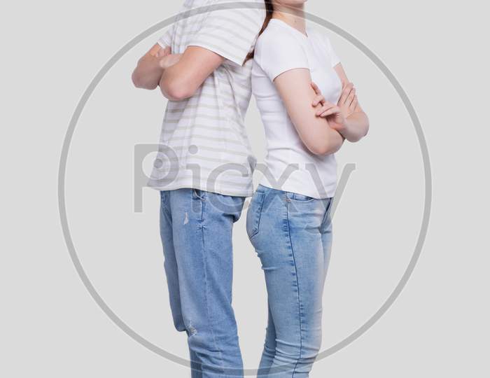Couple Standing Back To Back Smilling Isolated. Man And Woman Hugging, Lovers, Friends, Couple Concept
