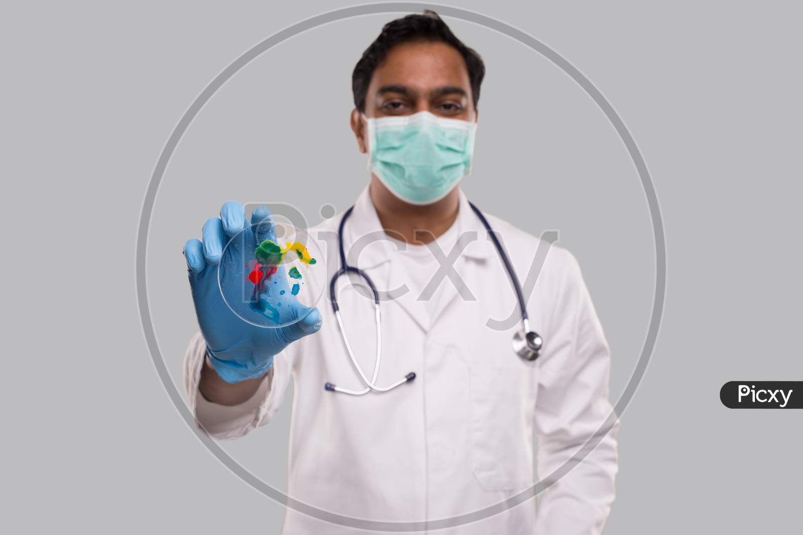 Doctor Holding Petri Dish Wearing Medical Mask And Gloves Isolated. Medicine, Science Concept