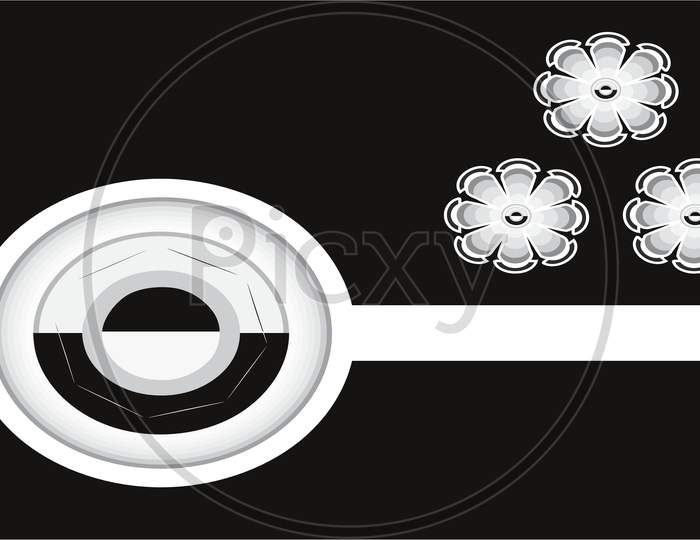 Picture Of A Black And White Color Abstract Wallpaper, Having Round Shape Button And 3 Flowers.