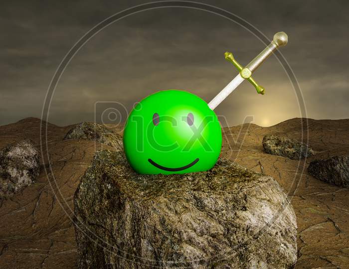 Excalibur In Green Smiling Emoticon Happy On Stone At Sunset Day. Customer Satisfaction Rating Or Service Experience Or Positive Feedback Survey Concept. 3D Illustration