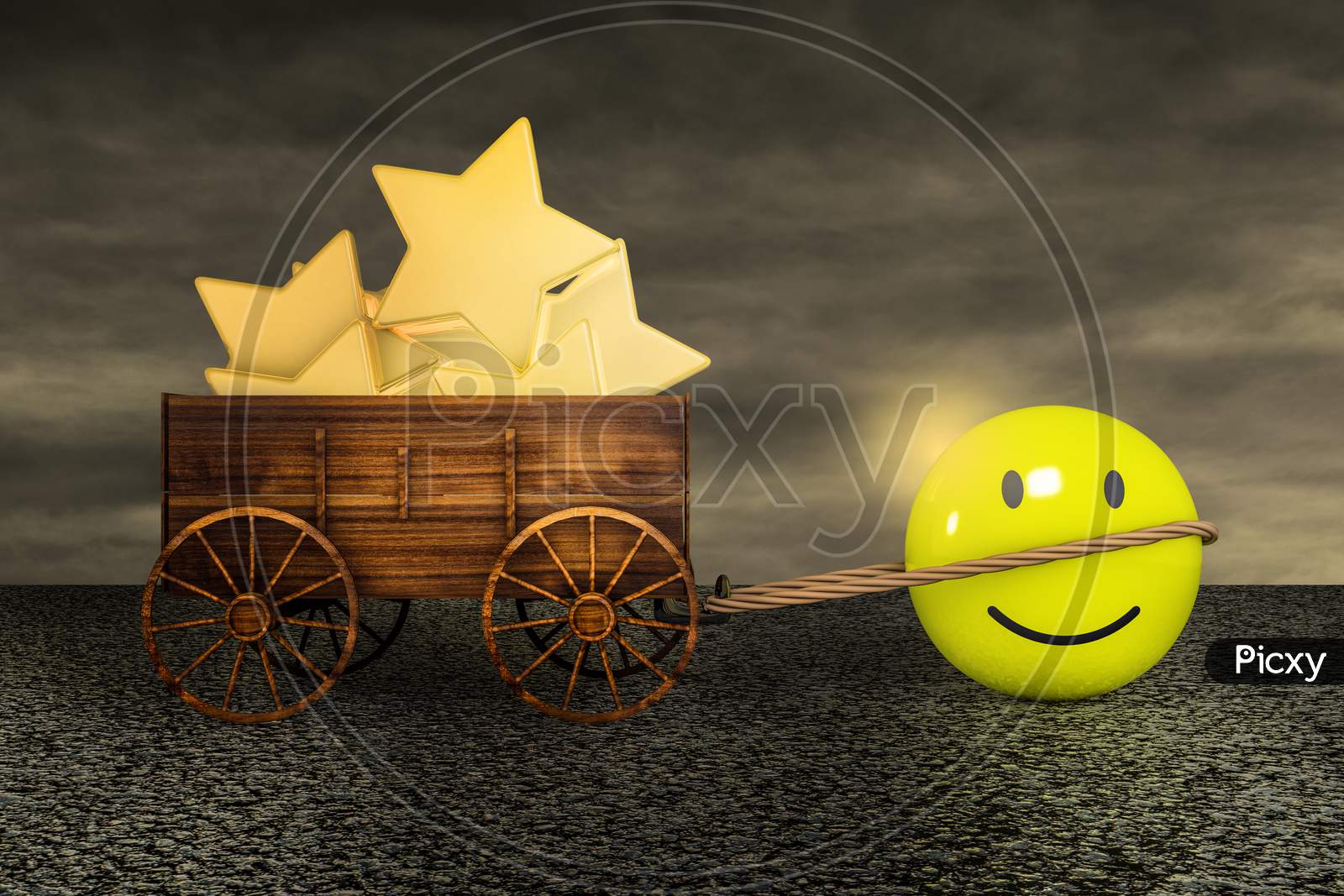 Smiling Emoticon Happy Dragging A Farm Cart Of Golden Stars On Asphalt In A Sunset Day. Customer Satisfaction Rating Or Service Experience Or Positive Feedback Survey Concept. 3D Illustration
