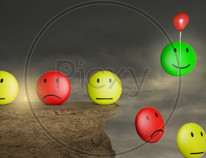Emoji Emotions On A Stone Cliff With A Red Balloon Help To Escape One Green Happy Emoji From Falling In A Sunset Day. Customer Satisfaction Rating Or Service Experience Concept. 3D Illustration