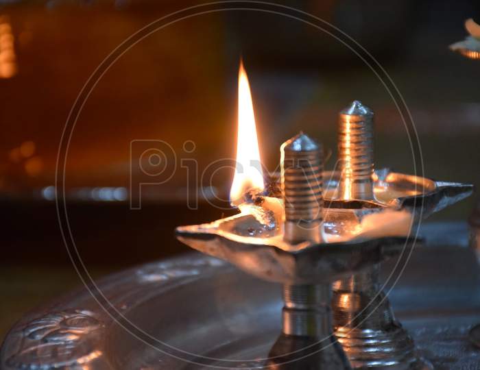 Close Up Of Silver Oil Lamp Which Is Prepare For Rituals