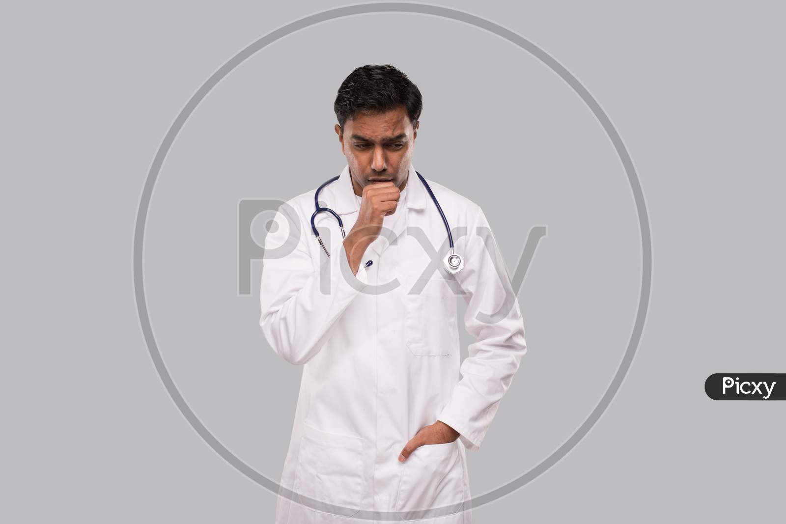 Doctor Coughing Isolated. Indian Man Doctor Coughing Wearing White Coat. Medical Concept