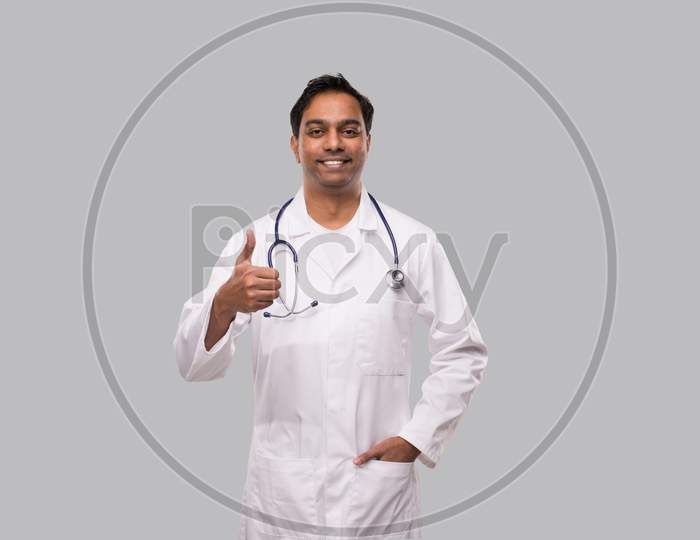 Indian Man Doctor Showing Thumb Up Smilling. Isolated