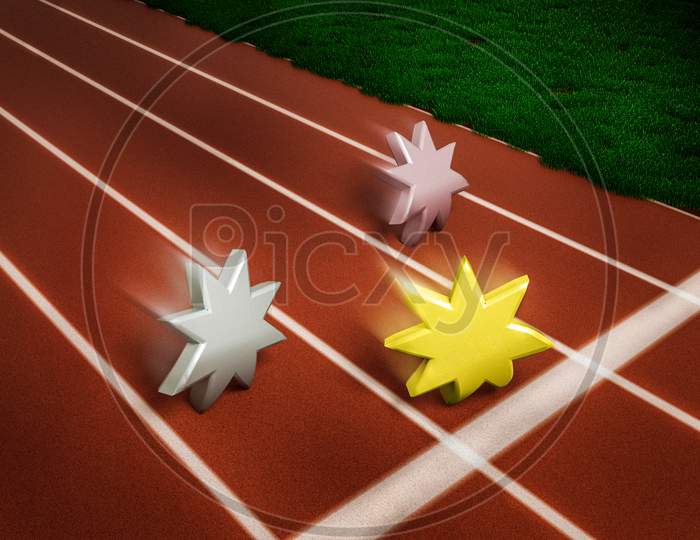 Three Stars Racing On A Track With One Golden Star About To Cross The Finish Line After Sprint Track. Winning Race Concept Or Customer Satisfaction Rating Or Positive Review Concept. 3D Illustration