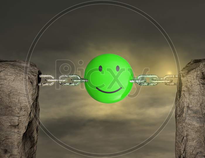 Two Mountains Connected With A Chain By Green Smiling Emoticon Happy In Sunset Day. Customer Satisfaction Rating Or Service Experience Or Positive Feedback Survey Concept. 3D Illustration