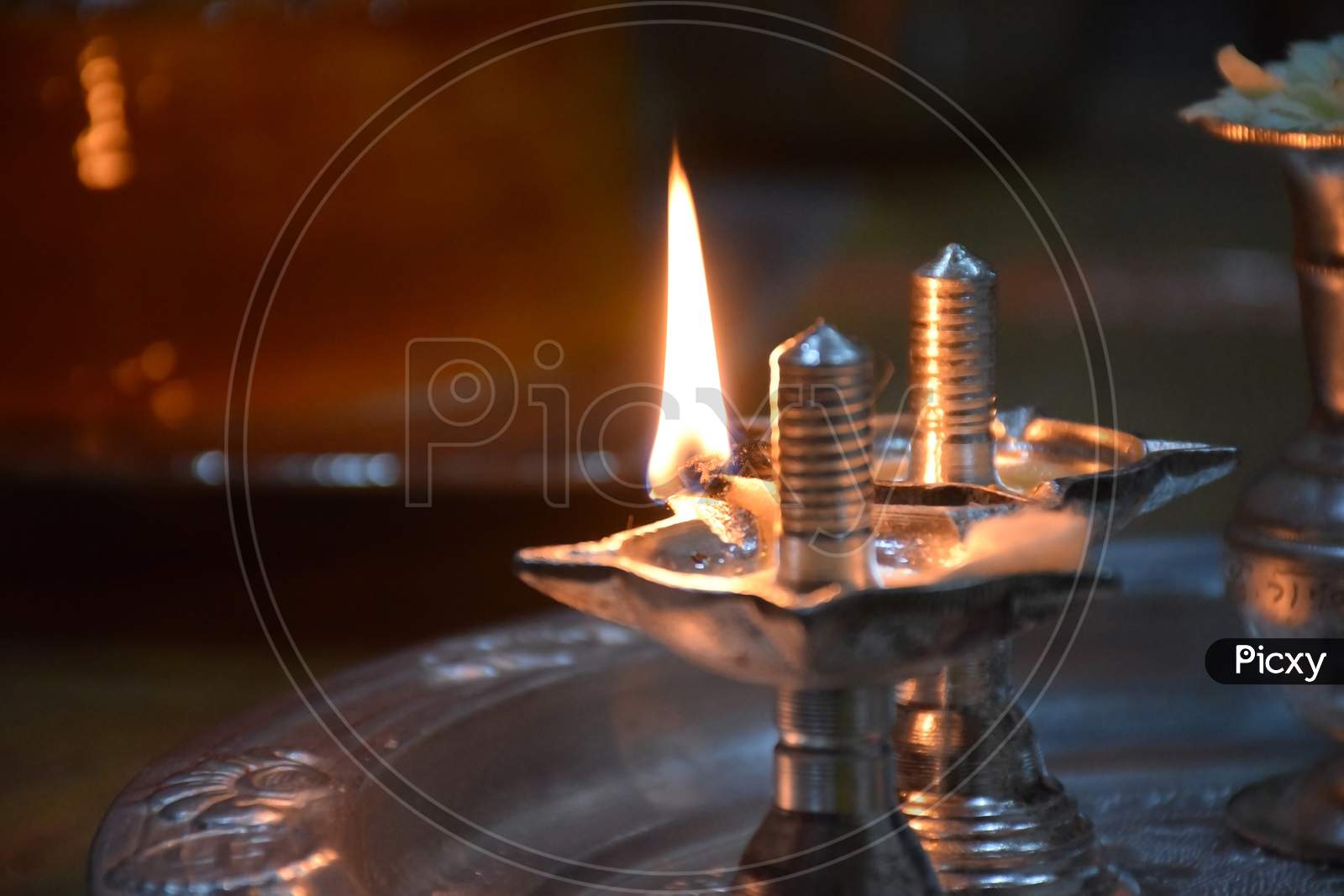 Close Up Of Silver Oil Lamp Which Is Prepare For Rituals