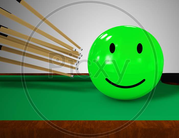Many Cue Sticks Aiming To Hitting A Green Smiling Emoticon Happy On A Pool Table. Cooperation Or Customer Satisfaction Rating Or Service Experience Or Positive Feedback Survey Concept. 3D Illustration