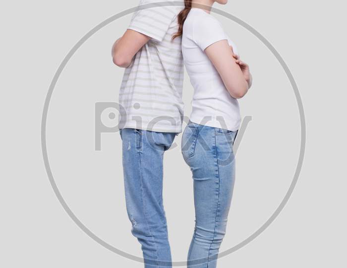 Couple Standing Back To Back Looking To Sides Isolated. Couple Had A Fight. Man And Woman Hugging, Lovers, Friends, Couple Concept