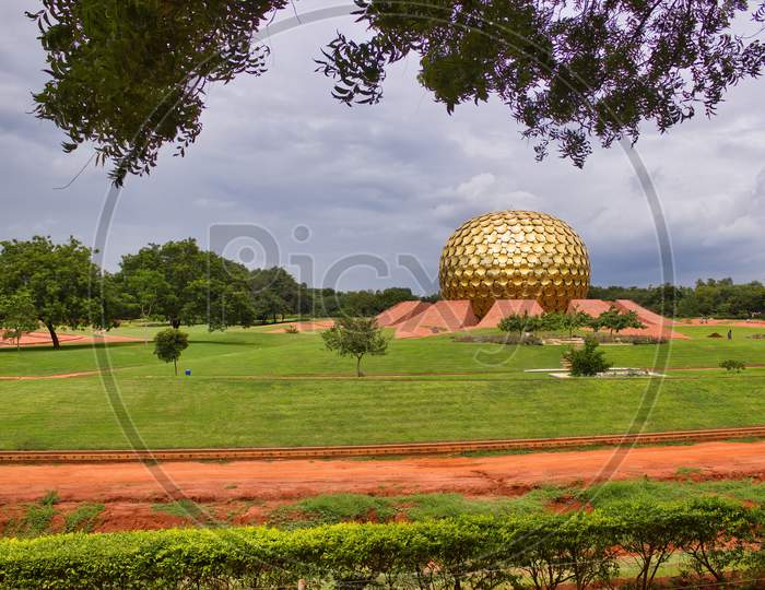 Pondicherry, India - October 30, 2018: Round Golden Ball Also Known As Matrimandir Located In Auroville Township In Viluppuram District In The State Of Tamil Nadu