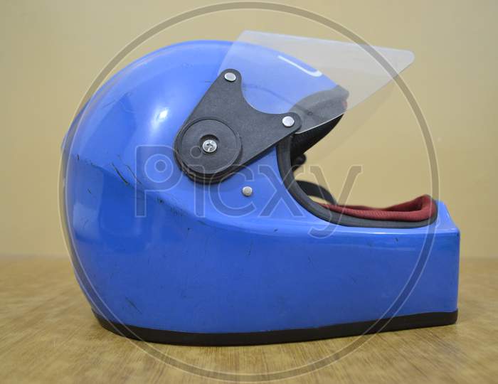 Blue motorcycle helmet.