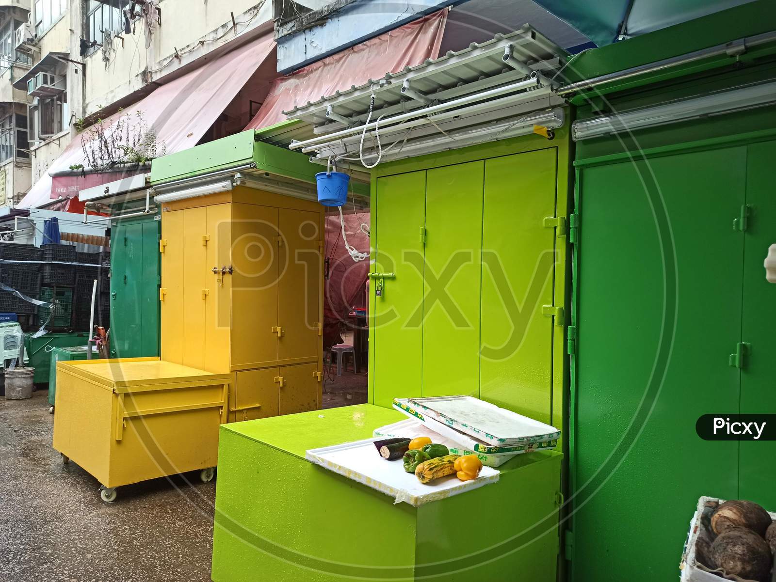 Colorful wet market shops