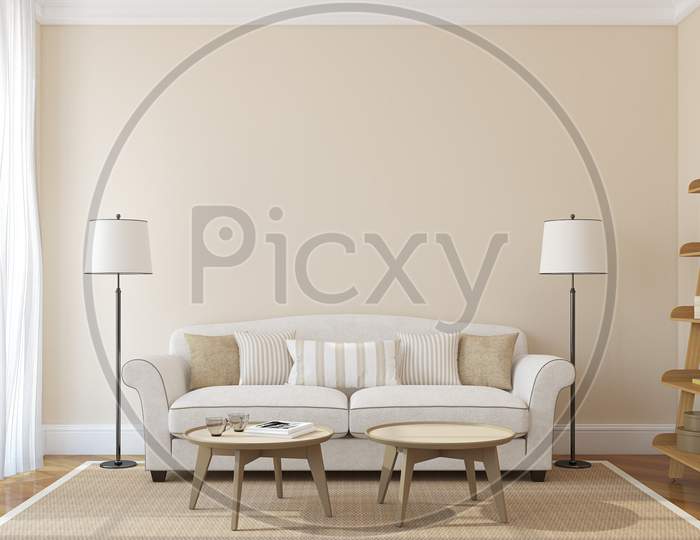 Modern Living-Room Interior With White Couch Near Empty Beige Wall. 3D Render. Photo On Book Cover Was Made By Me.