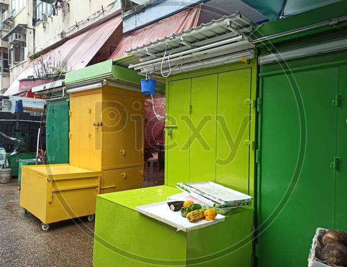 Colorful wet market shops