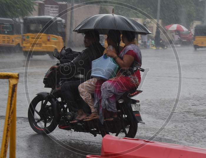 Commuters On A Bike During Heavy Rain Triggered By Cyclone Nivar, In Chennai, Tuesday, Nov. 24, 2020.