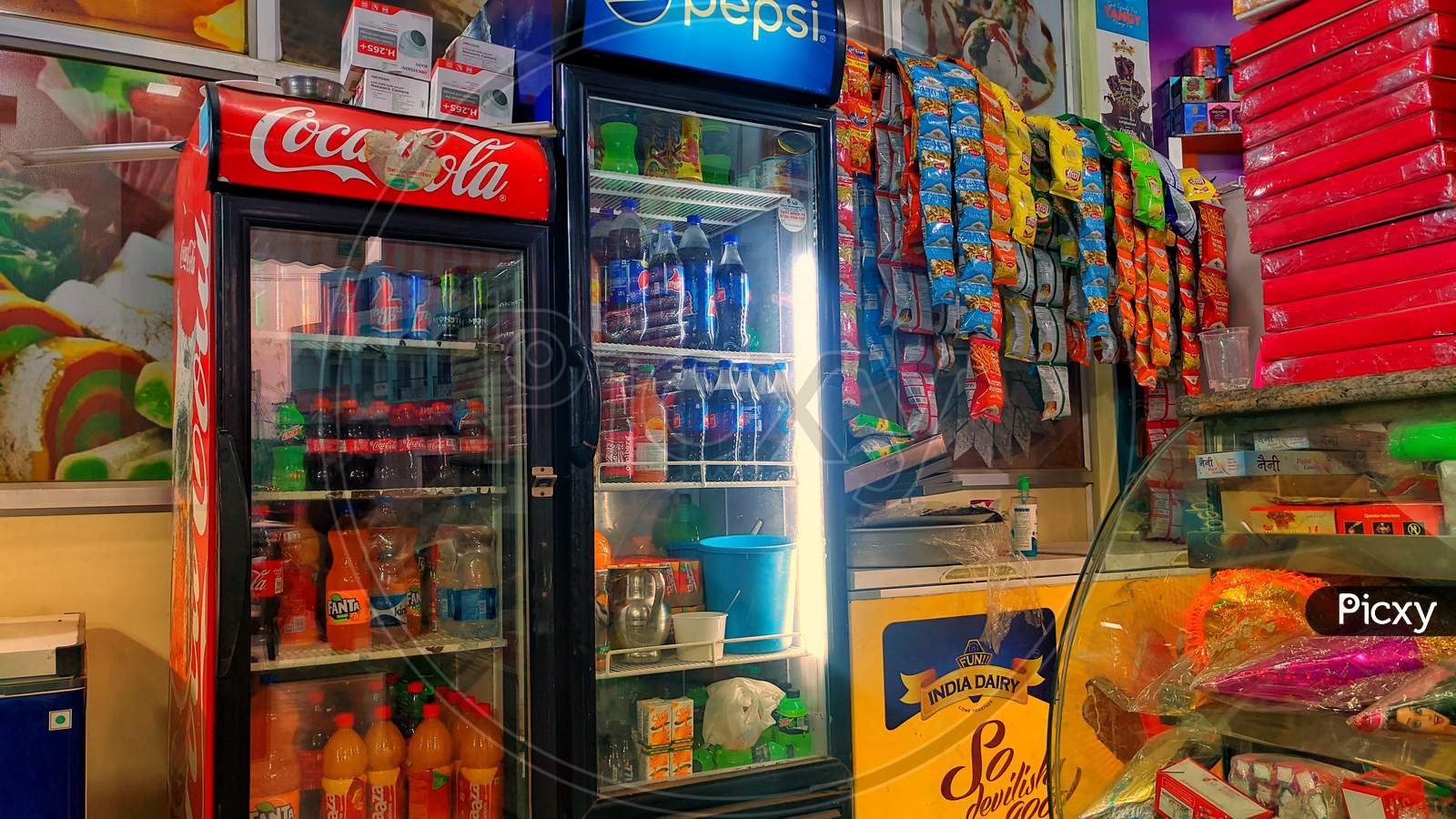 Download Image Of Glass Door Fridge Horizontal Photo Mockup Soda Pop Cans And Plastic Bottles In Vertical Freezer At Supermarket Ej664945 Picxy