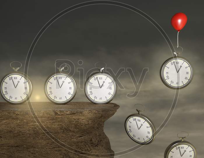 Pocket Watches On A Stone Cliff With A Red Balloon Help To Escape One Pocket Watch From Falling In A Sunset Day. Deadline Or Business Time Or Control For Period And Break Overtime Concept. 3D Render
