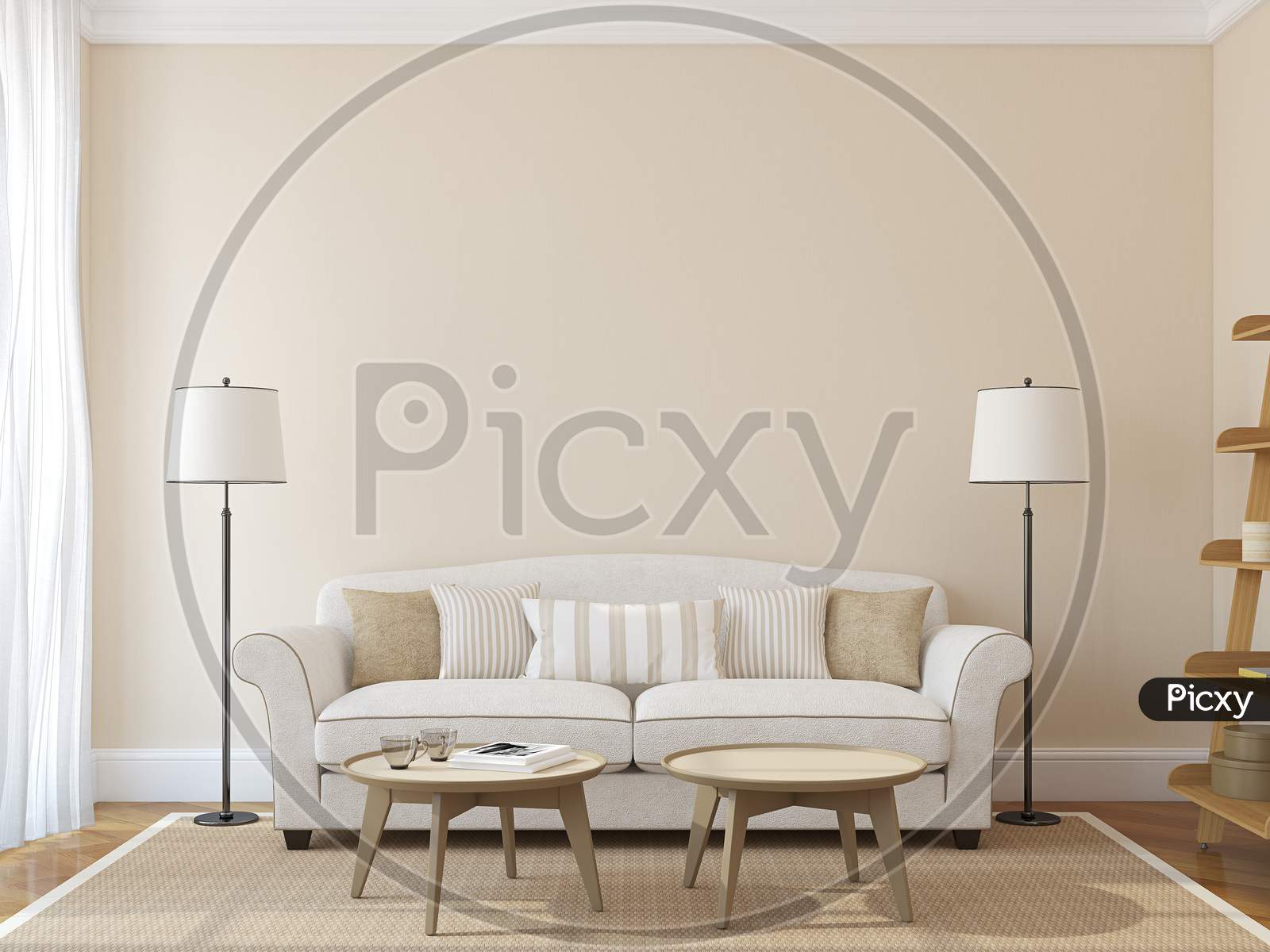 Modern Living-Room Interior With White Couch Near Empty Beige Wall. 3D Render. Photo On Book Cover Was Made By Me.