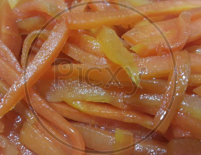 Closeup View With Selective Focus Of Boiled Carrots.