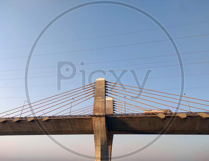 Close Up Of The Bharuch Cable Bridge Pillar. Best Indain Architecture Image.