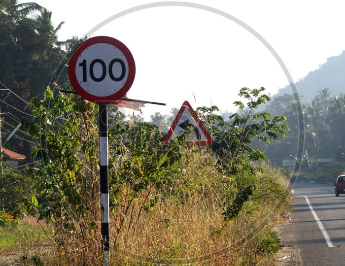 Thrissur, Kerlala, India - 11/20/2020: Traffic Sign Board Beside The National Highway Nh 544