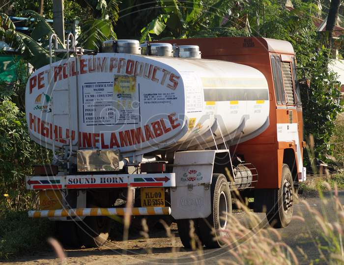 Thrissur, Kerlala, India - 11/20/2020: Tanker Lorry Parked In The Road Side