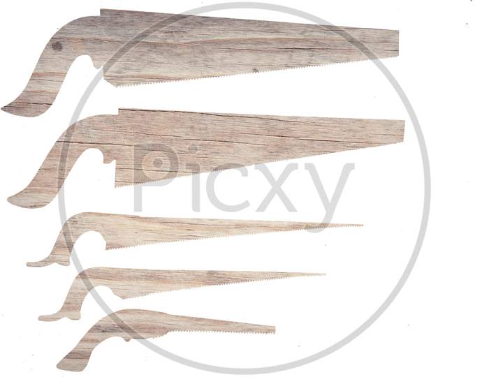 Image Of Different Sizes Of Old Hand Saw Cutout On White Background.