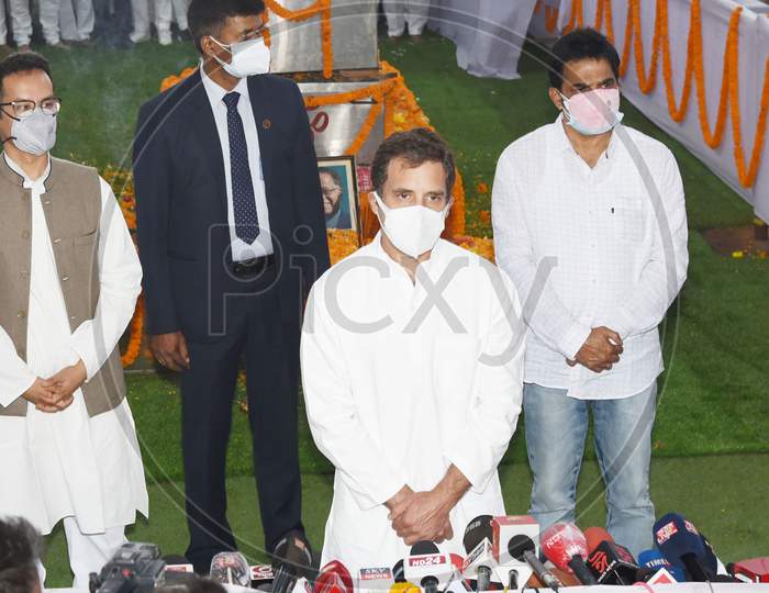 GUWAHATI :Congress leader Rahul Gandhi adressing media after  attend last rites of former Assam CM Tarun Gogoi at kalakhestra in Guwahati on November 25,2020.