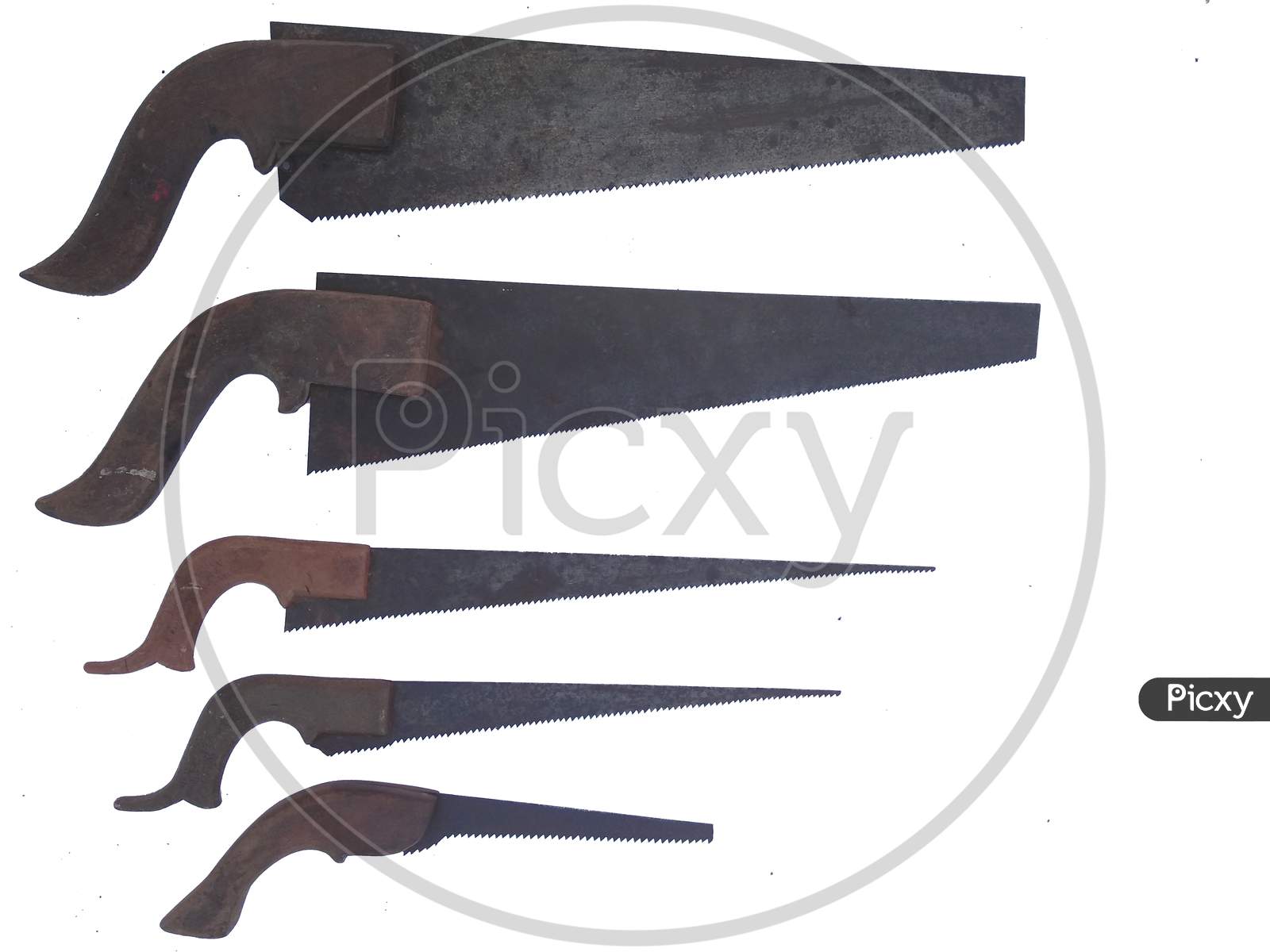 Image Of Different Sizes Of Old Hand Saw Isolated On White Background.