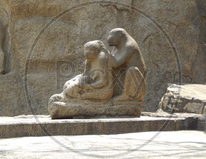 Ancient Stone Sculpture Of Monkey Family
