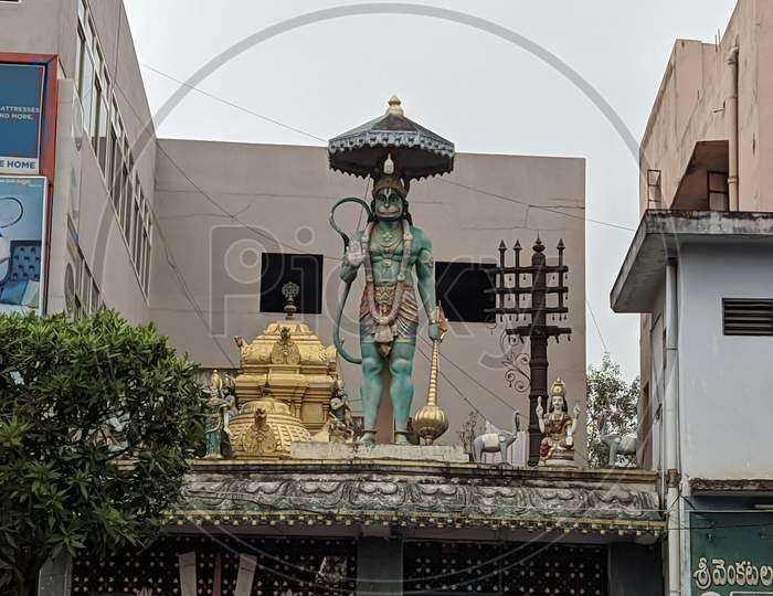 Lord hanuma sculpture on temple in vijayawada