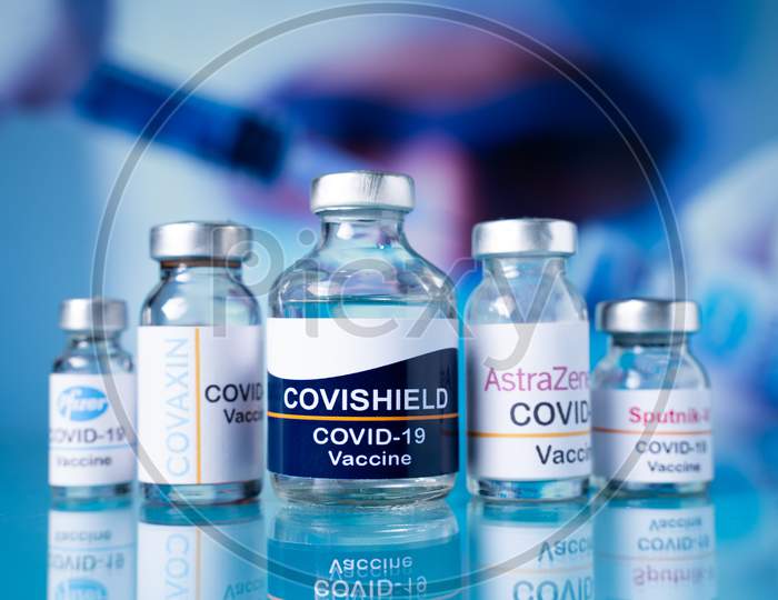 Maski, India - Nov 25,2020 : Different Types Of Covid-19 Coronavirus Vaccines To Protect Against Disease Or Pandemic.
