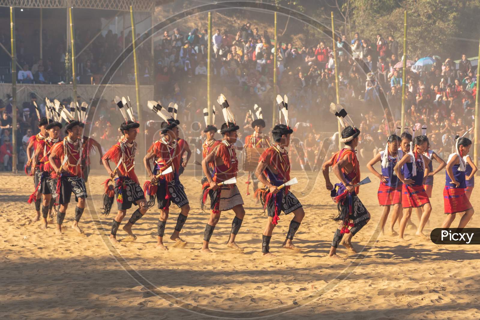 Group of naga tribesmen and women dressed in their traditional attire dancing