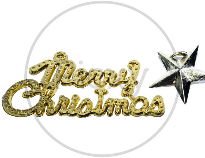 Merry Christmas Gold Text With Star Isolated On White Background.