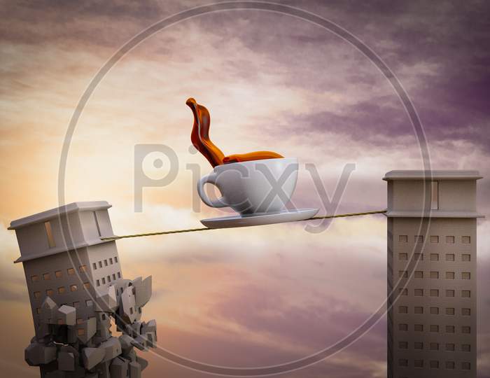 Coffee Cup On A Rope With One Skyscraper Ready To Collapse. Energy Morning Crash Concept. 3D Illustration