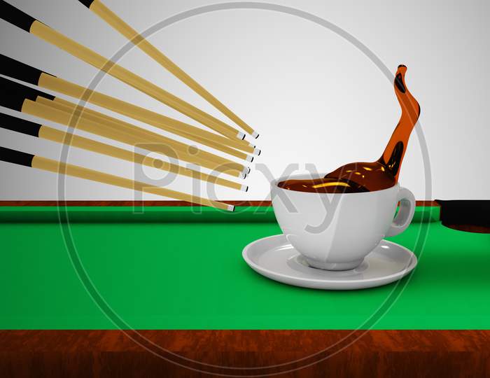 Many Cue Sticks Aiming To Hitting A Coffee Cup On A Pool Table. Cooperation Or Teamwork Or Partnership Or Good Morning Coffee Or Time To Think Or Creative Or Leadership Concept. 3D Illustration