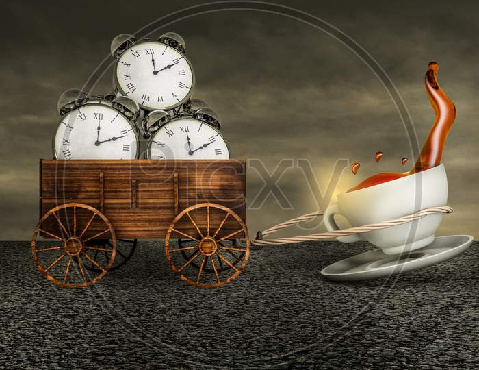 A Cup Of Coffee With Coffee Dragging A Farm Cart Of Alarm Clocks On Asphalt In A Sunset Day. Good Morning Coffee Or Creative Or Full Of Energy Or Time To Think Or Creative Concept. 3D Illustration