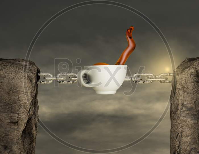 Two Mountains Connected With A Chain By Coffee Cup In Sunset Day. Good Morning Coffee Or Time To Think Or Creative Or Strong Coffee Or Connection Concept. 3D Render