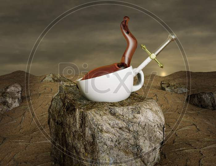 Excalibur In A Cup Of Coffee With Coffee On Stone At Sunset Day. Good Morning Coffee Or Creative Or Full Of Energy Or Time To Think Or Coffee Splash Concept. 3D Illustration
