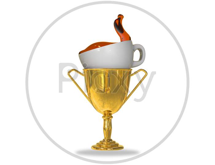 Golden Trophy Cup Isolated On White Background With A Cup Of Coffee With Coffee Inside. Good Morning Coffee Or Creative Or Full Of Energy Or Time To Think Or Coffee Splash Or Award Concept. 3D Render