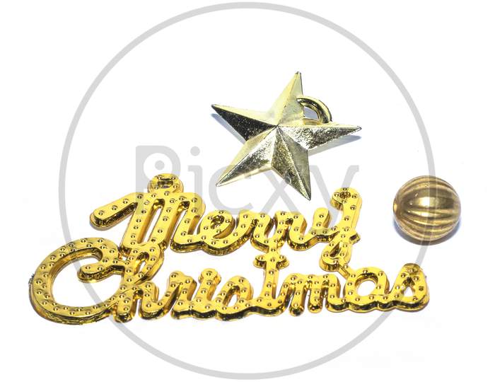 Christmas Composition. Merry Christmas Gold Text With Star Isolated On White Background. Top View